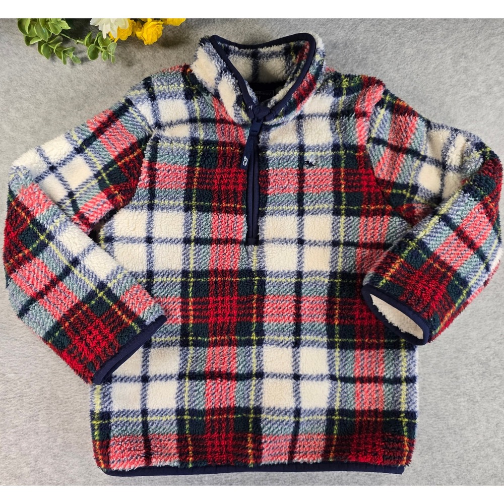 Vineyard Vines Fleece Plaid Pullover Toddler 4T Red Plaid 1/4 Zip Sherpa Cozy